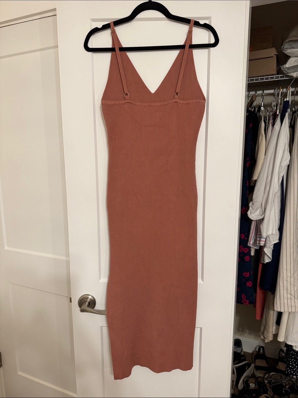 Mustard Seed Ribbed Knit Minimalist Rust Midi Bodycon Slip Dress Size Large - Picture 6 of 7